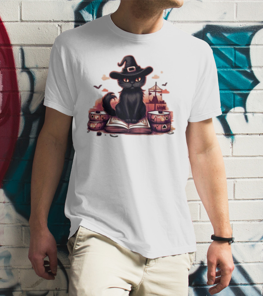 Cat Magic Halloween Witch Hat Pumpkins And Spellbook T-Shirt