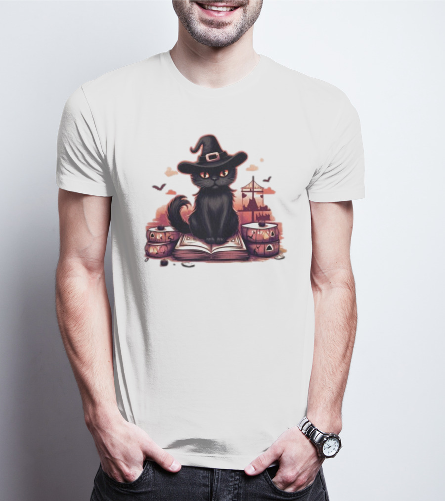 Cat Magic Halloween Witch Hat Pumpkins And Spellbook T-Shirt