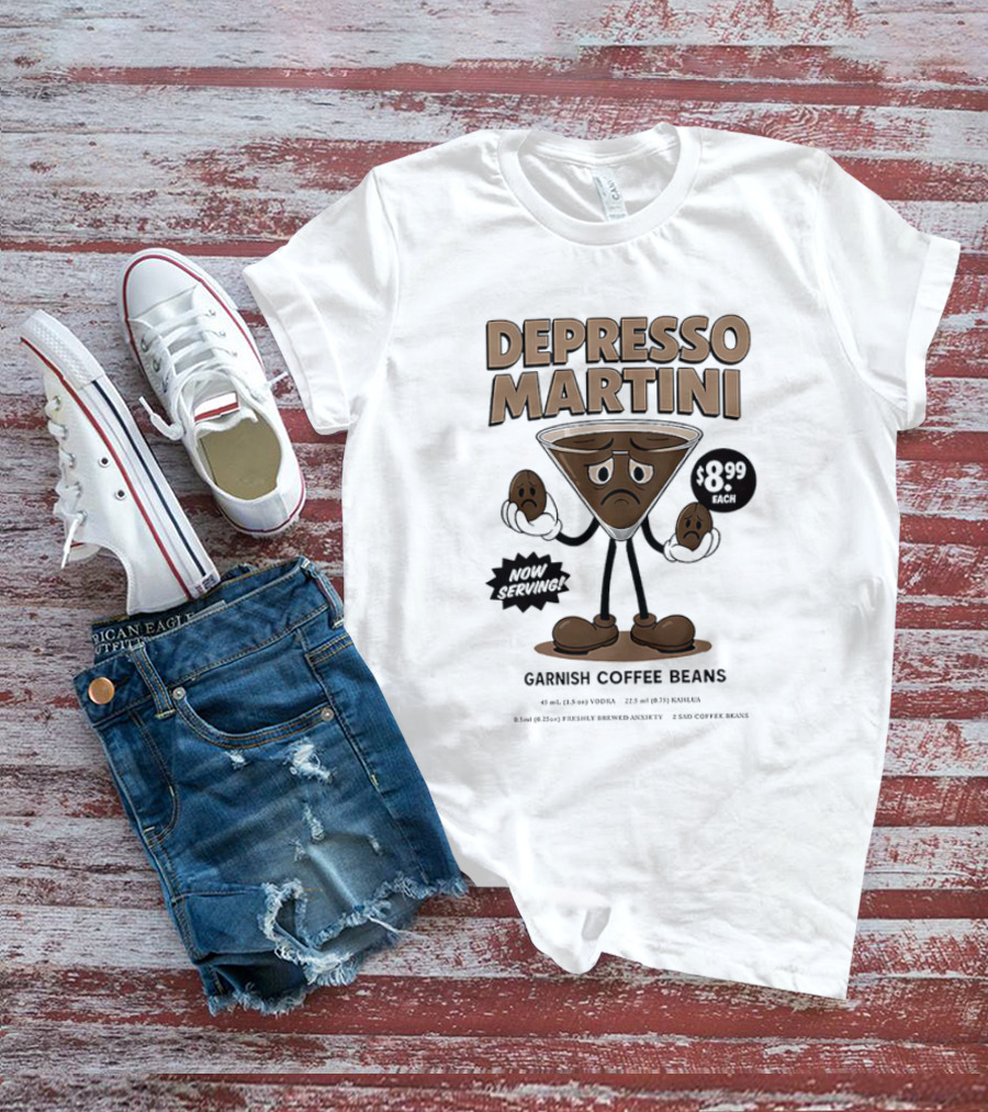 Depresso Martini Garnish Coffee Beans Cartoon Sad Face T-Shirt