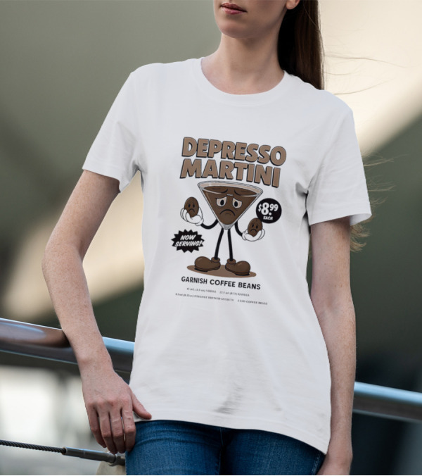 Depresso Martini Garnish Coffee Beans Cartoon Sad Face T-Shirt