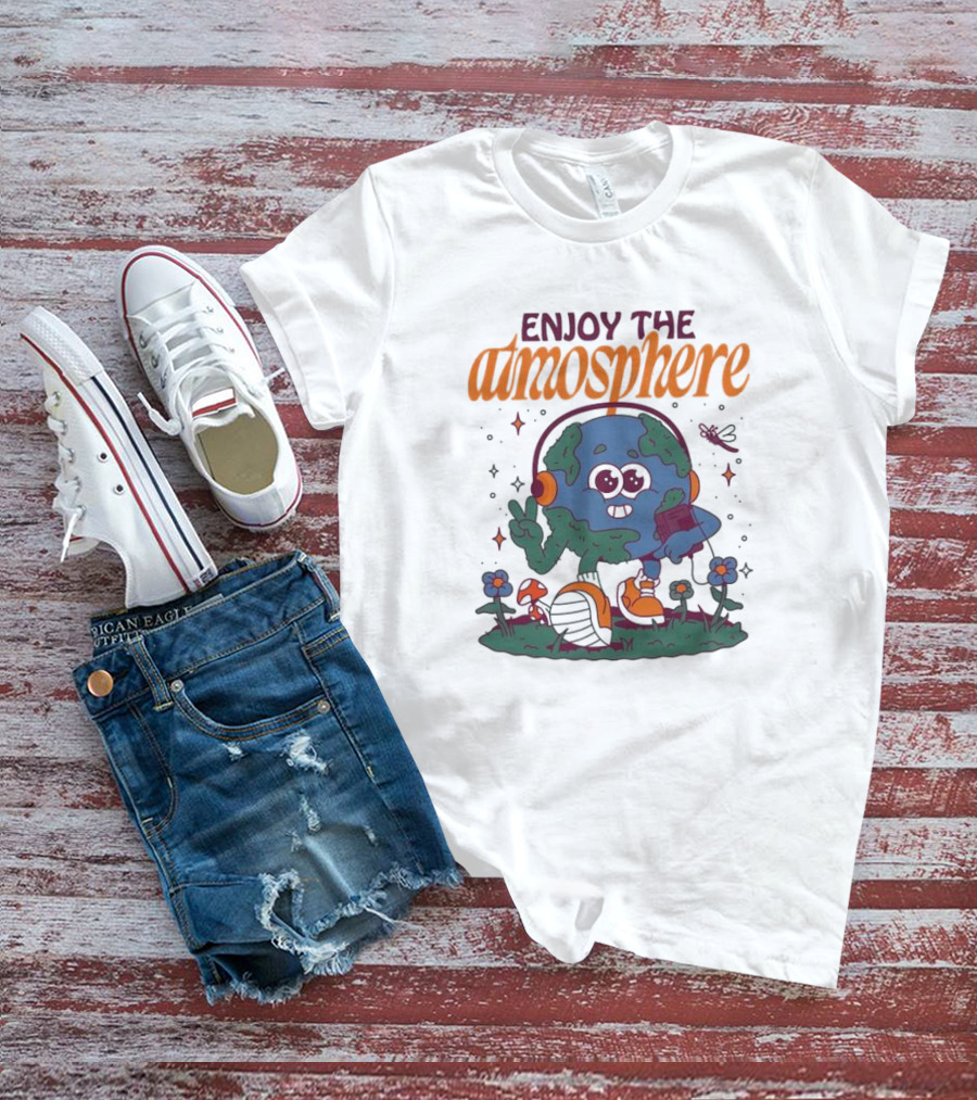 Enjoy The Atmosphere Planet Earth Headphones Peace Flowers T-Shirt