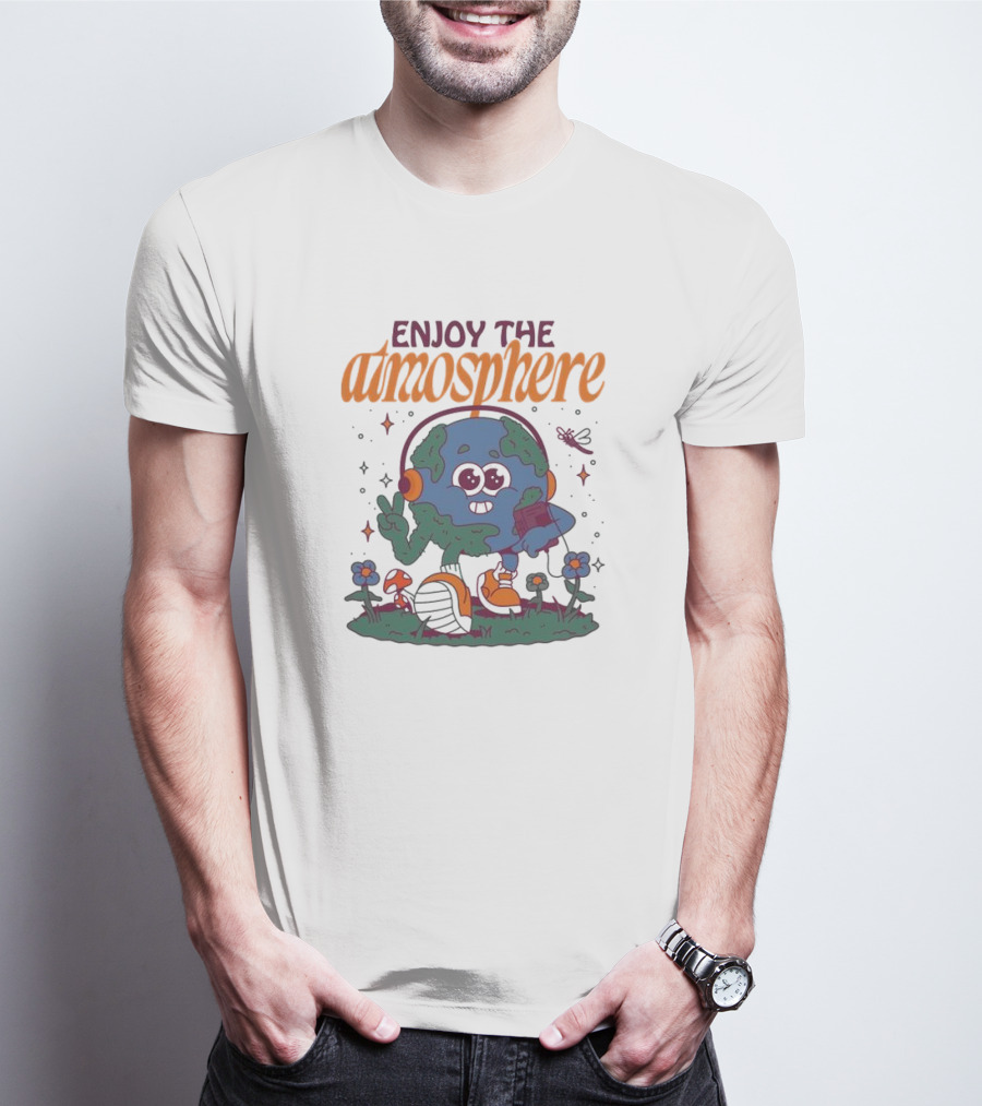 Enjoy The Atmosphere Planet Earth Headphones Peace Flowers T-Shirt
