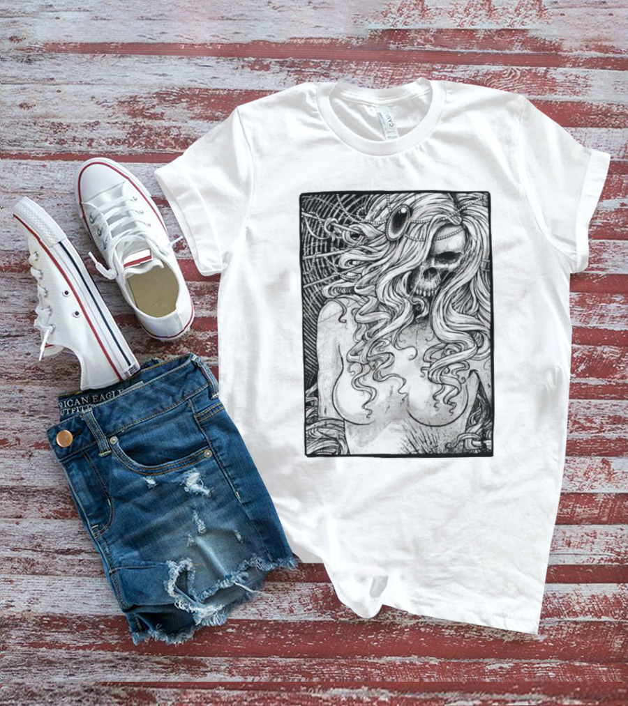 Godmachine Lillith Skull Illustration With Curly Hair And Jewel Headpiece T-Shirt