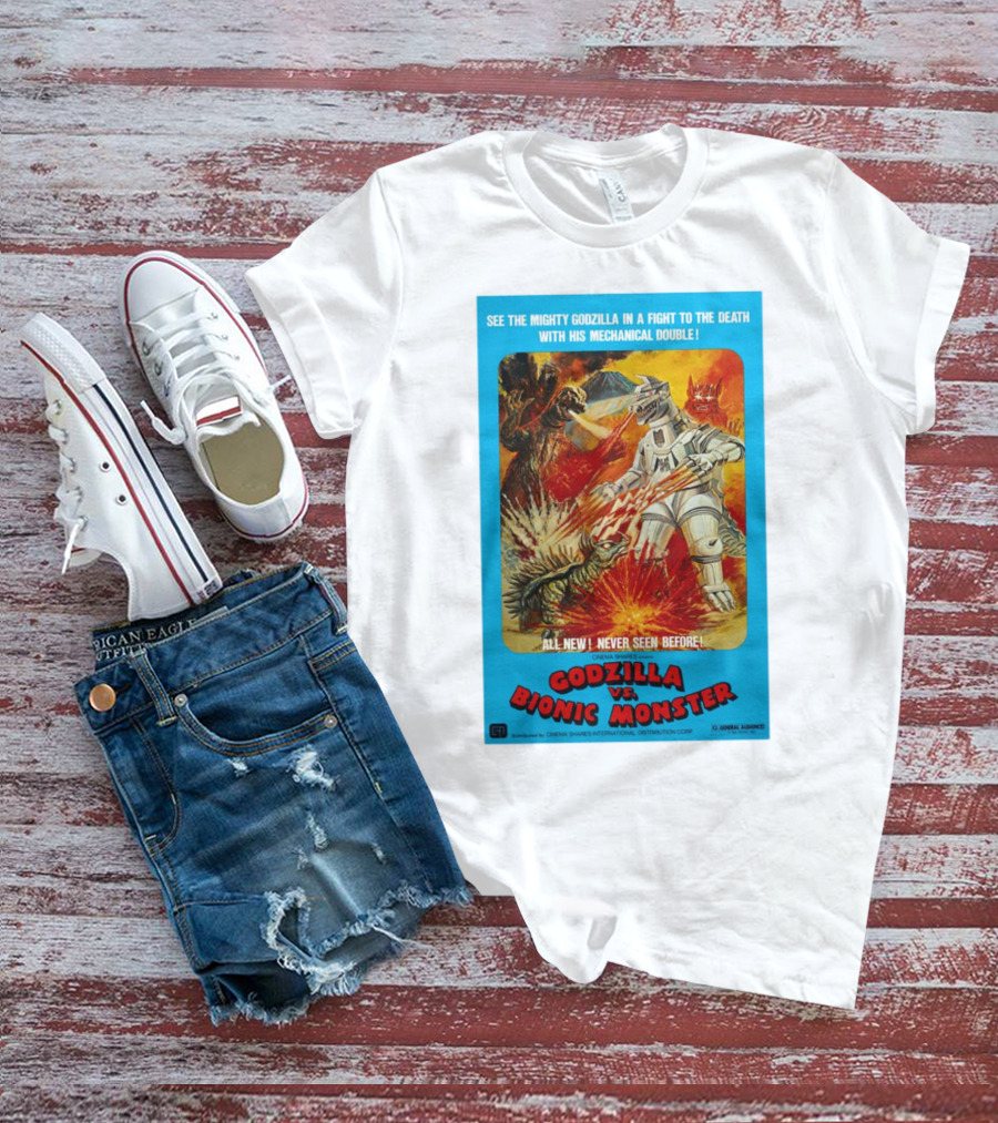 SEE THE MIGHTY GODZILLA IN A FIGHT TO THE DEATH WITH HIS MECHANICAL DOUBLE GODZILLA VS. BIONIC MONSTER CINEMA SHARES INTERNATIONAL T-Shirt