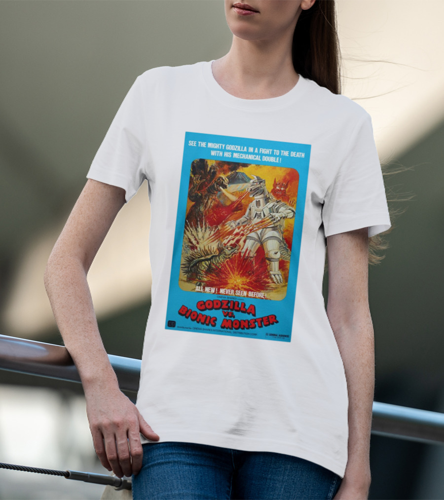 SEE THE MIGHTY GODZILLA IN A FIGHT TO THE DEATH WITH HIS MECHANICAL DOUBLE GODZILLA VS. BIONIC MONSTER CINEMA SHARES INTERNATIONAL T-Shirt