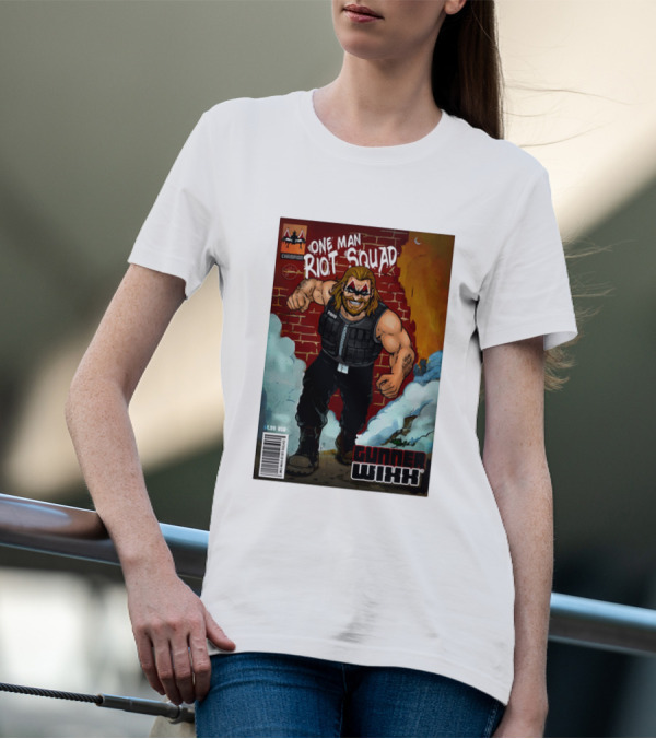 One Man Riot Squad Comic Cover Gunner Wixx Face Paint Featuring Champion Branding T-Shirt
