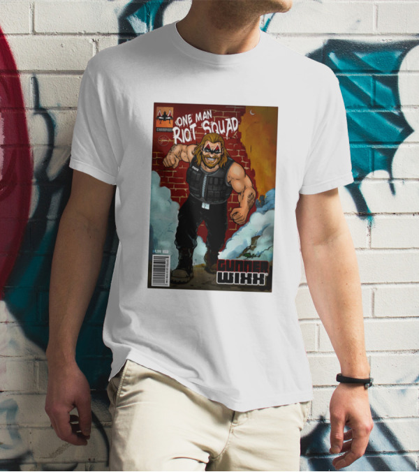 One Man Riot Squad Comic Cover Gunner Wixx Face Paint Featuring Champion Branding T-Shirt