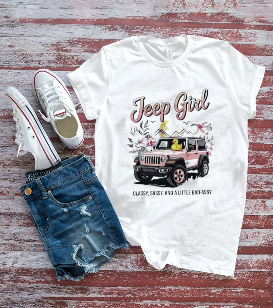 Jeep Girl Classy Sassy And Little Bad-Assy Pink Jeep Rubber Duck Floral Bunnies T-Shirt