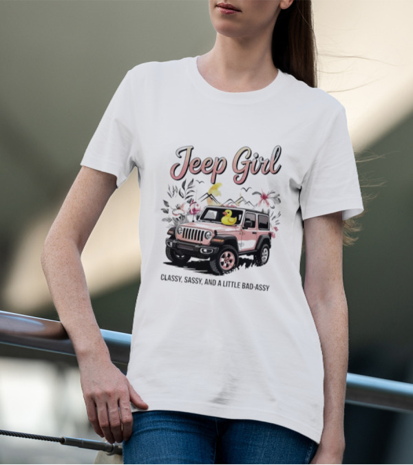 Jeep Girl Classy Sassy And Little Bad-Assy Pink Jeep Rubber Duck Floral Bunnies T-Shirt