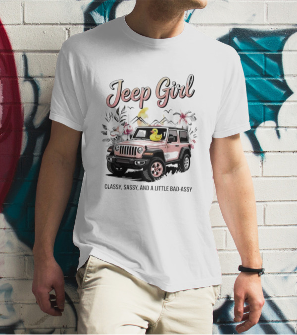 Jeep Girl Classy Sassy And Little Bad-Assy Pink Jeep Rubber Duck Floral Bunnies T-Shirt