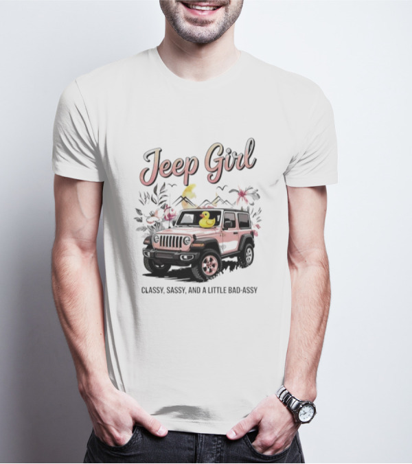 Jeep Girl Classy Sassy And Little Bad-Assy Pink Jeep Rubber Duck Floral Bunnies T-Shirt