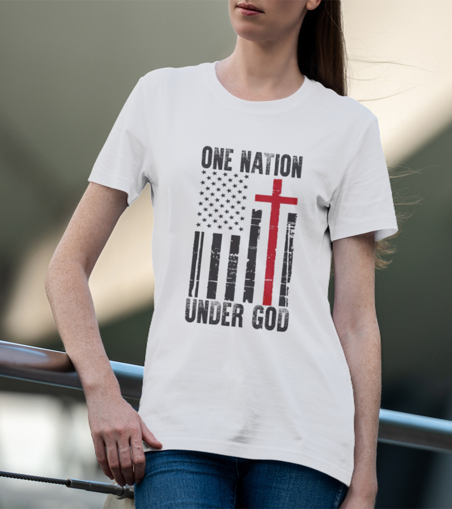 One Nation Under God American Flag Cross Design T-Shirt
