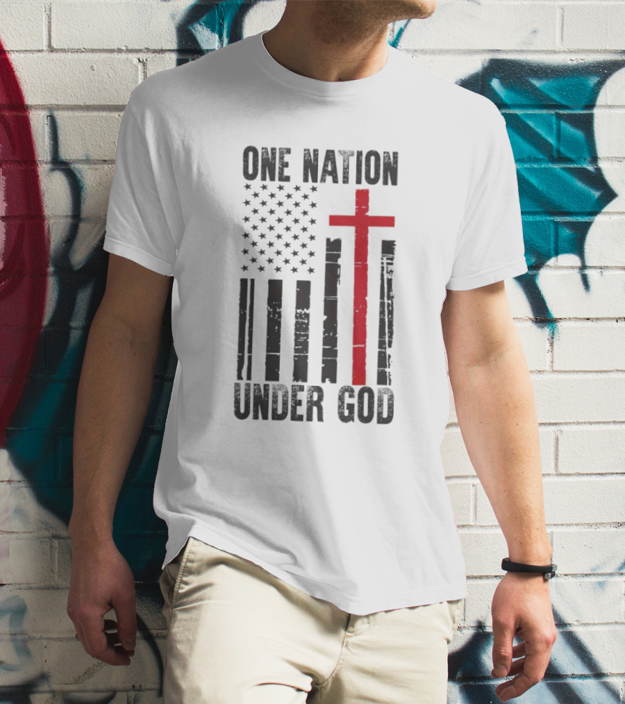One Nation Under God American Flag Cross Design T-Shirt