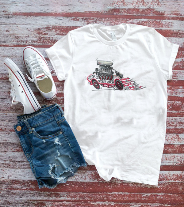 Tom’s Refurb Hot Rod Car Illustration Flames And Engine Art T-Shirt
