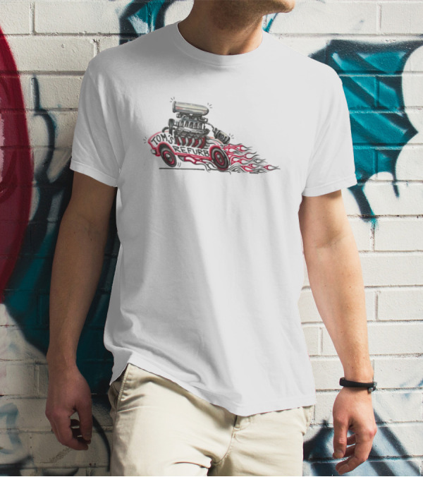 Tom’s Refurb Hot Rod Car Illustration Flames And Engine Art T-Shirt