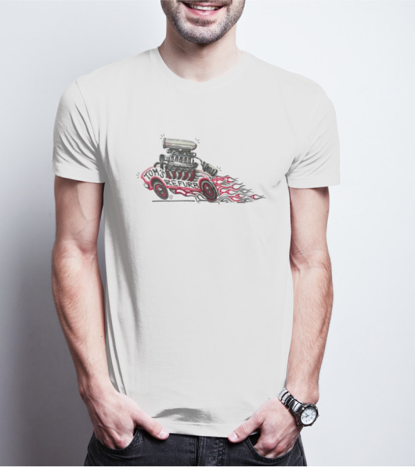 Tom’s Refurb Hot Rod Car Illustration Flames And Engine Art T-Shirt