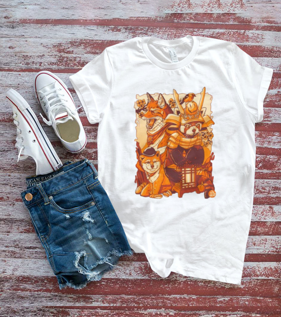 Tenhun Orange Fuzz Fox And Samurai Red Panda With Lantern T-Shirt