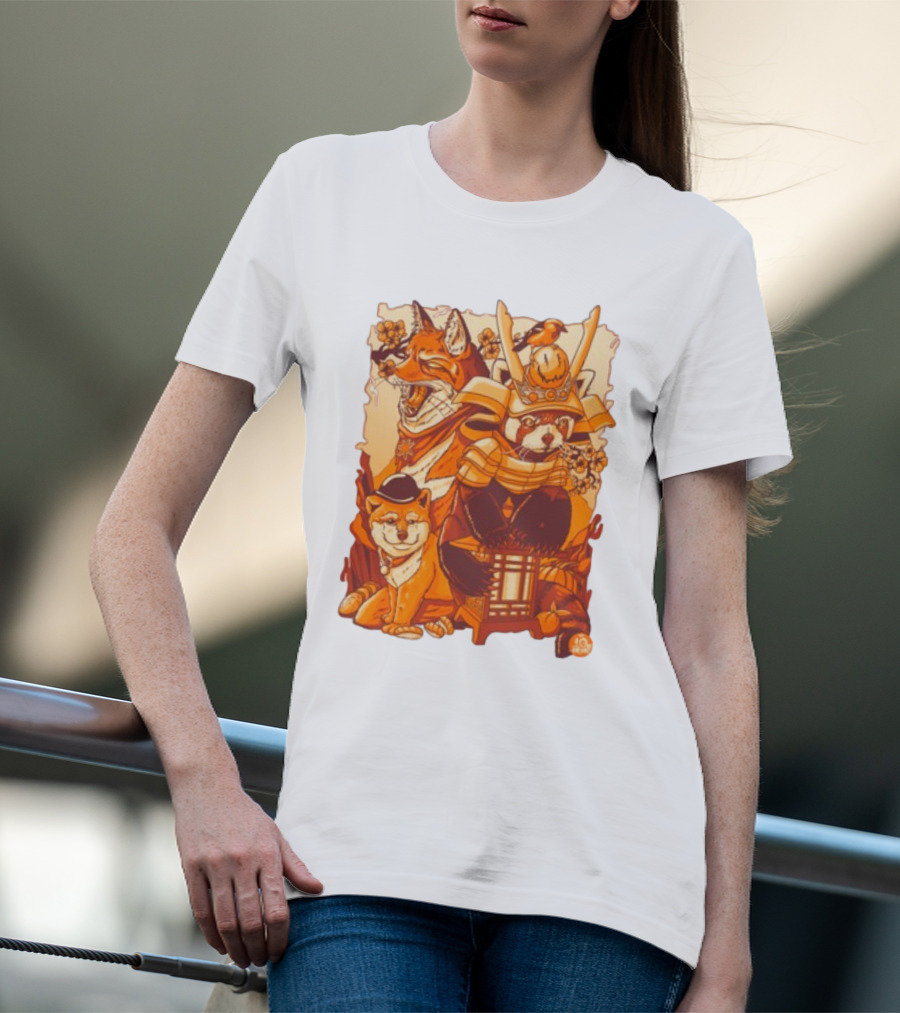 Tenhun Orange Fuzz Fox And Samurai Red Panda With Lantern T-Shirt