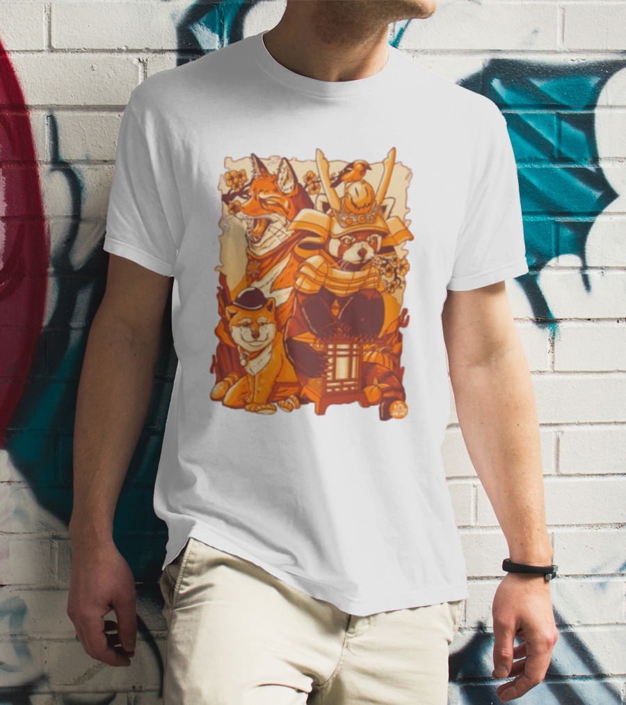 Tenhun Orange Fuzz Fox And Samurai Red Panda With Lantern T-Shirt