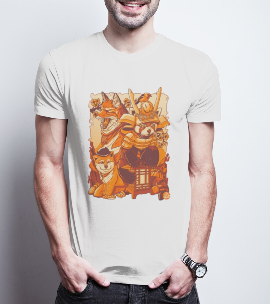 Tenhun Orange Fuzz Fox And Samurai Red Panda With Lantern T-Shirt