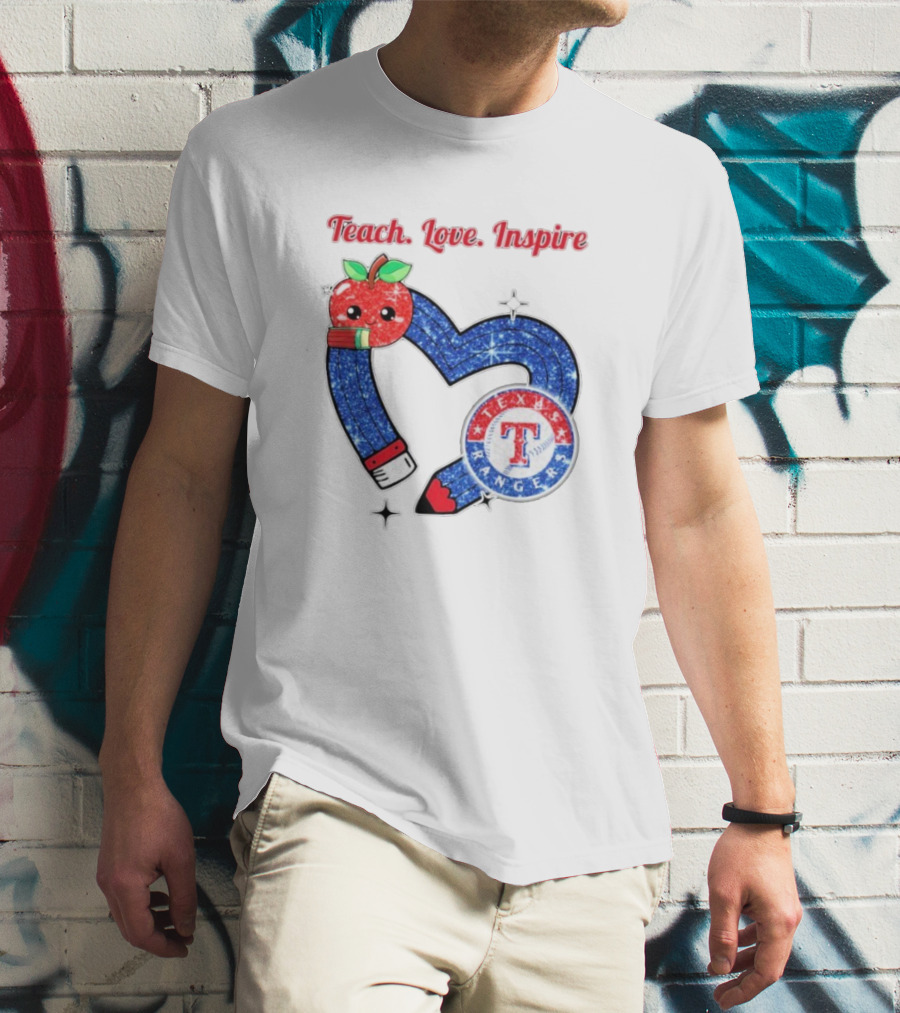 Texas Rangers Sparkling Heart Apple Pencil Teach Love Inspire T-Shirt