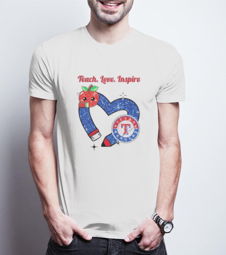 Texas Rangers Sparkling Heart Apple Pencil Teach Love Inspire T-Shirt