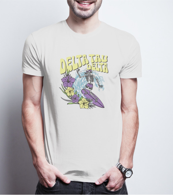 Delta Tau Delta Ride The Wave Skeleton Surfing With Floral Accents T-Shirt