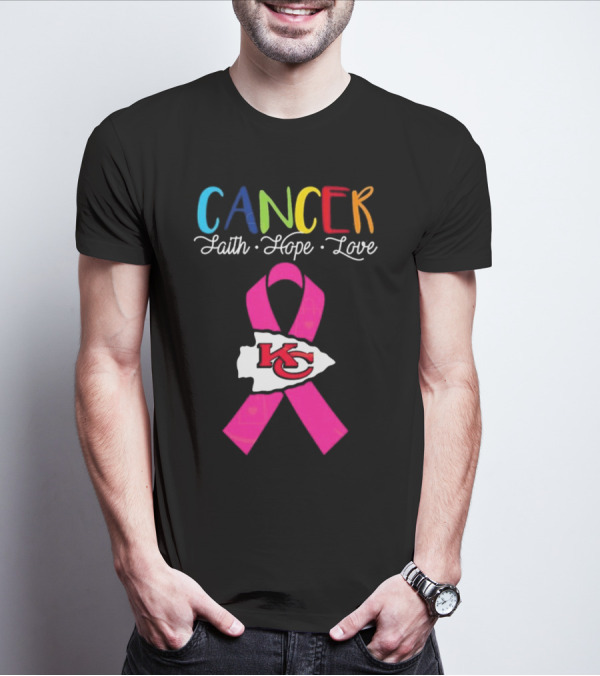Kansas City Chiefs Pink Ribbon Cancer Faith Hope Love 2025 T-Shirt
