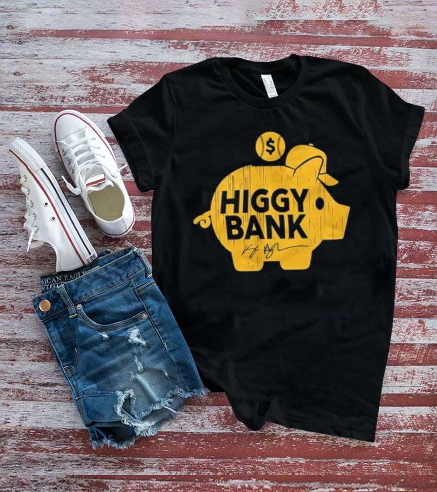 Higgy Bank Piggy Bank Graphic Baseball Theme With Signature And Dollar Sign T-Shirt