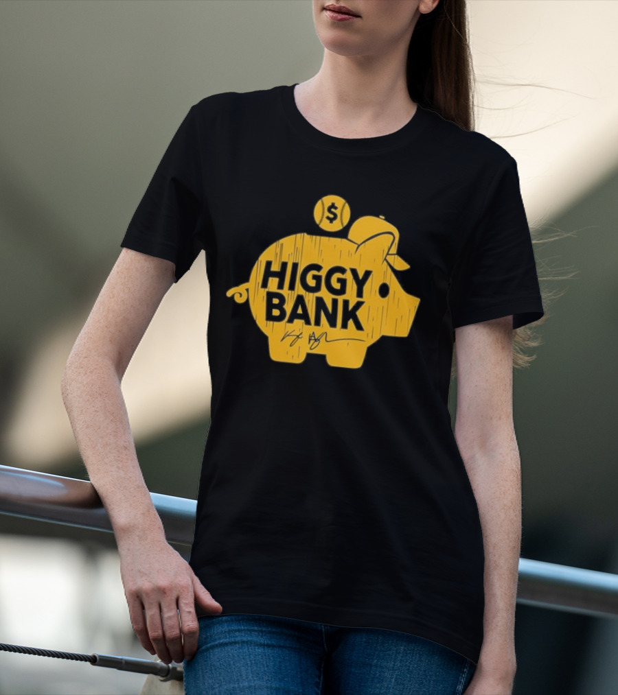 Higgy Bank Piggy Bank Graphic Baseball Theme With Signature And Dollar Sign T-Shirt