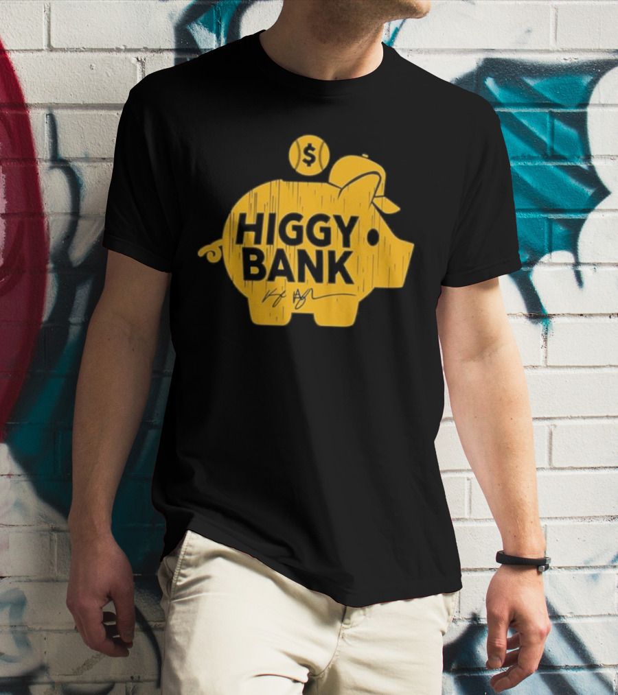 Higgy Bank Piggy Bank Graphic Baseball Theme With Signature And Dollar Sign T-Shirt
