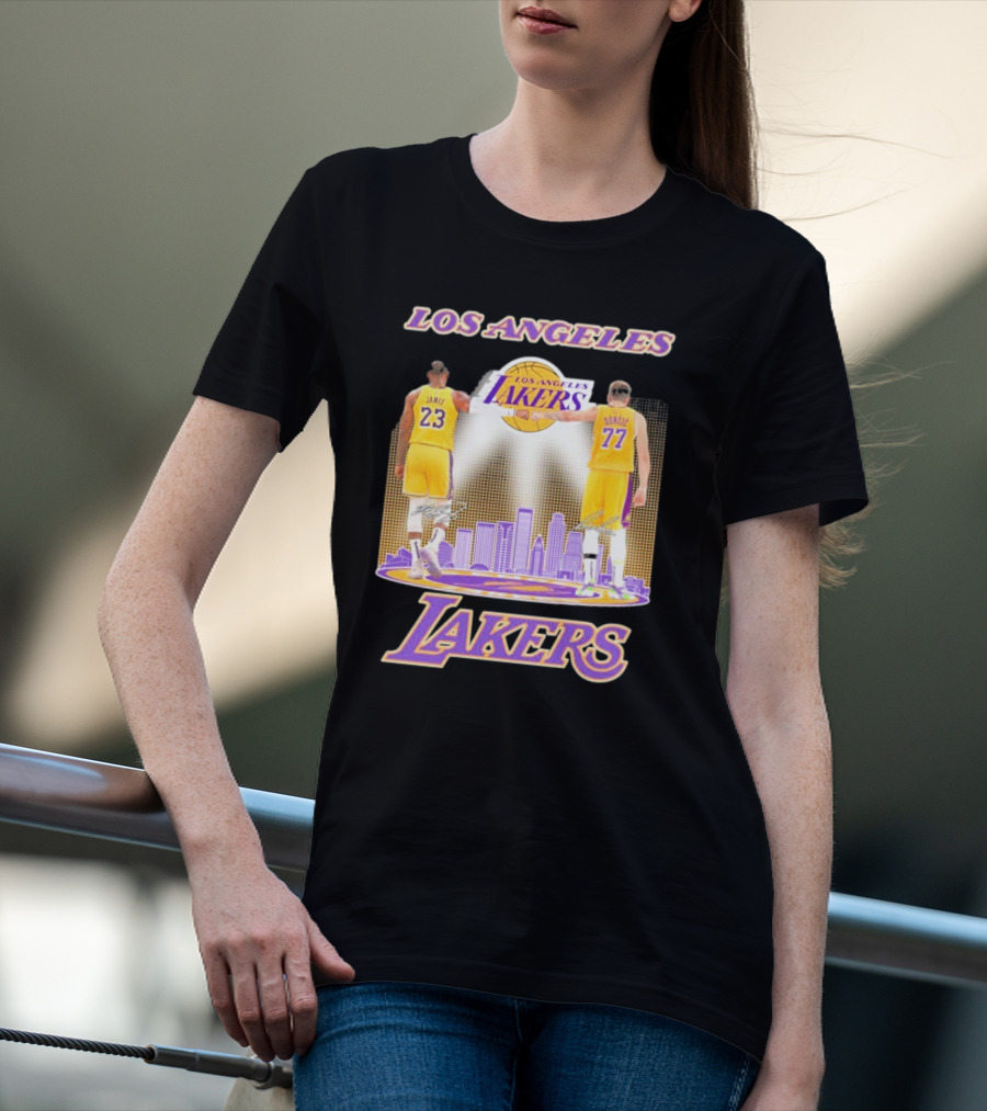 Los Angeles Lakers Luka Doncic Lebron James 23 77 City Skyline T-Shirt