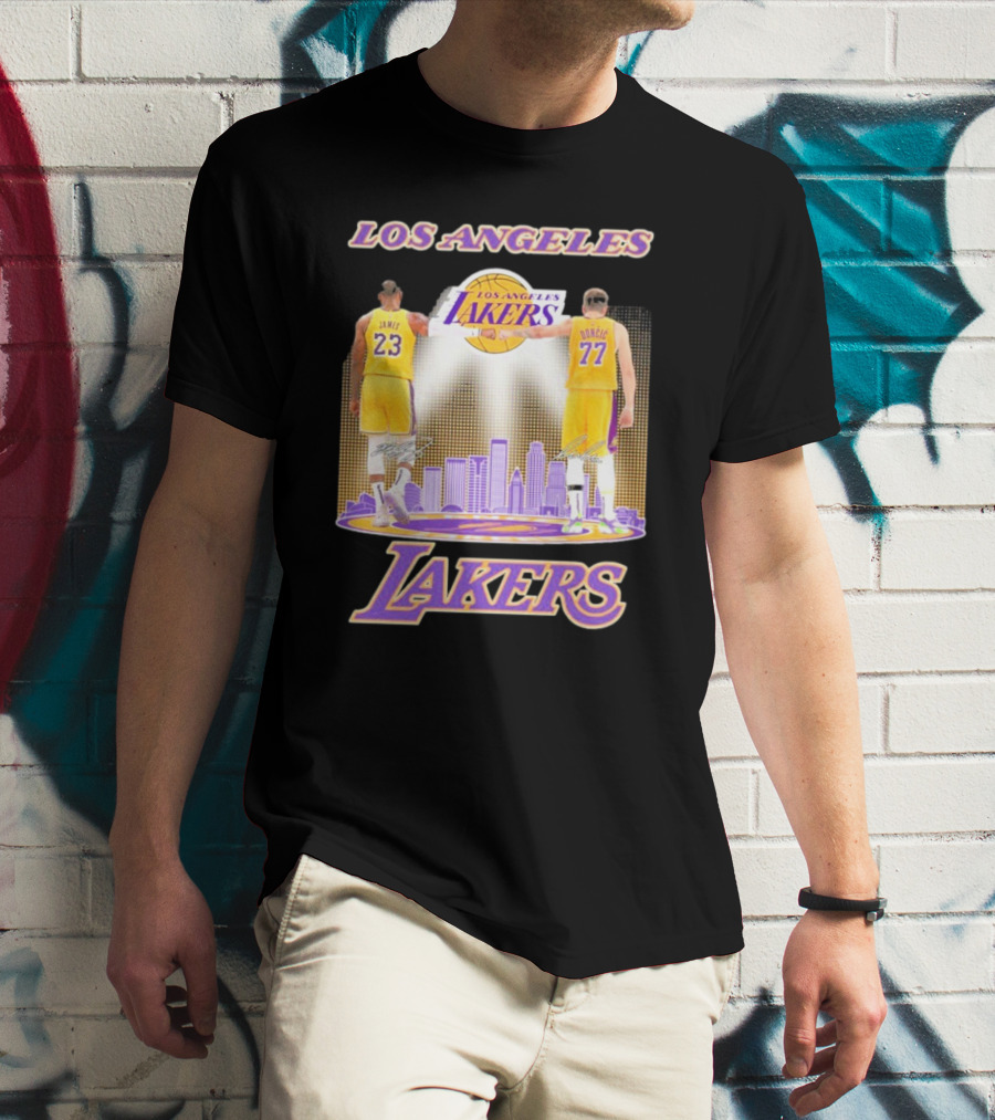 Los Angeles Lakers Luka Doncic Lebron James 23 77 City Skyline T-Shirt