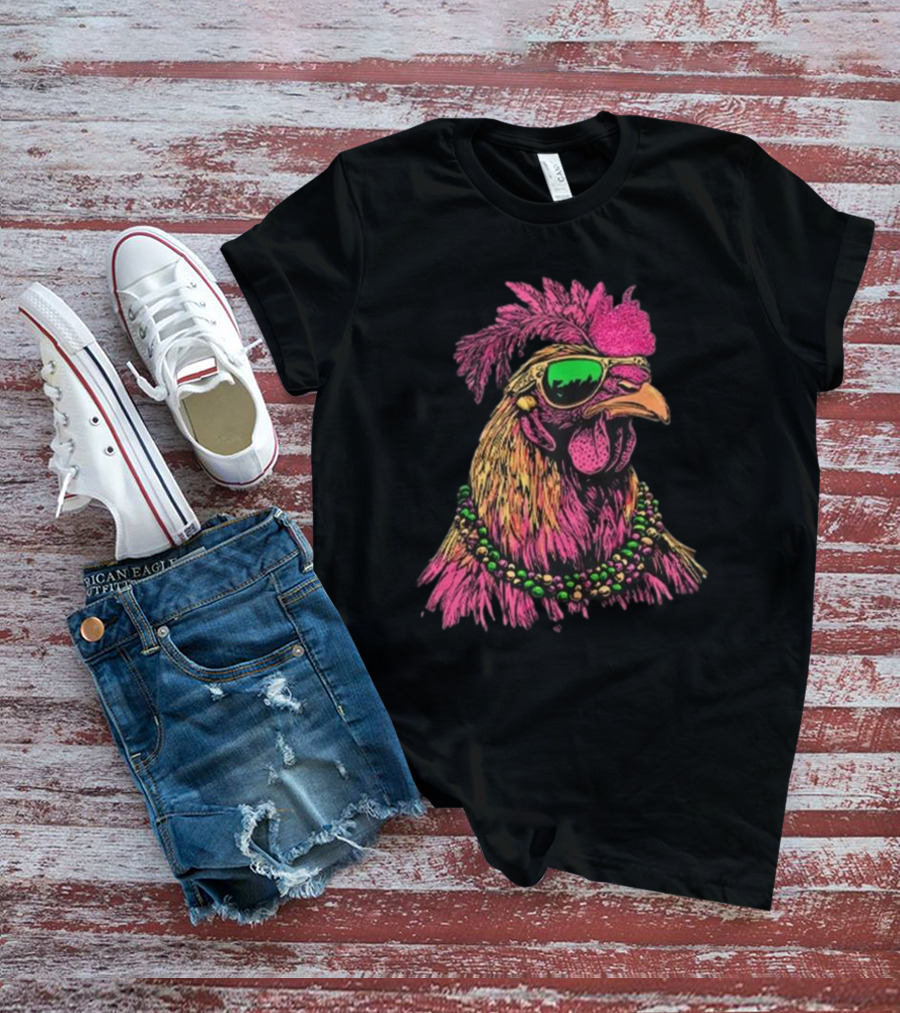 Mardi Gras Chicken Beads And Sunglasses Vibrant Rooster T-Shirt