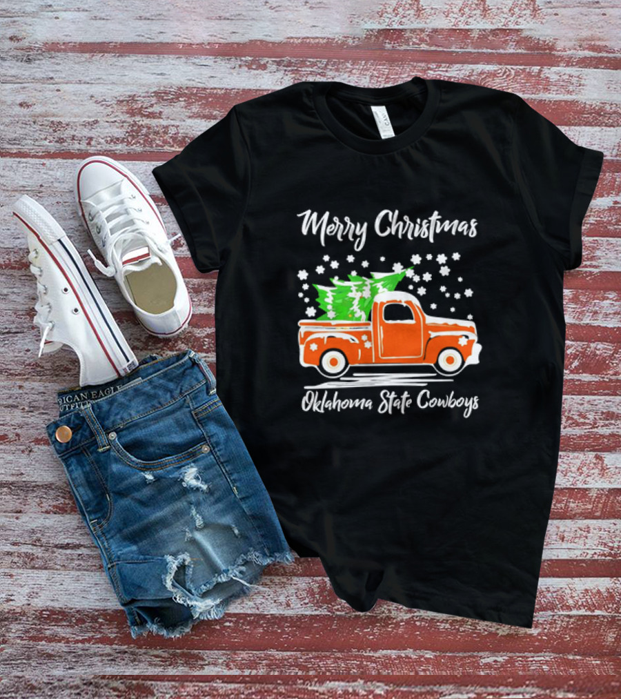 Merry Christmas Oklahoma State Cowboys Orange Truck Snowflakes Green Trees T-Shirt