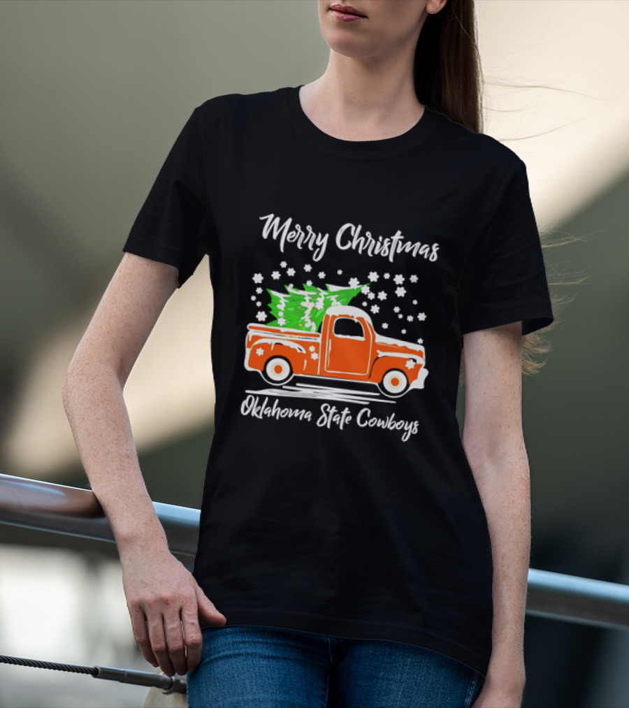 Merry Christmas Oklahoma State Cowboys Orange Truck Snowflakes Green Trees T-Shirt