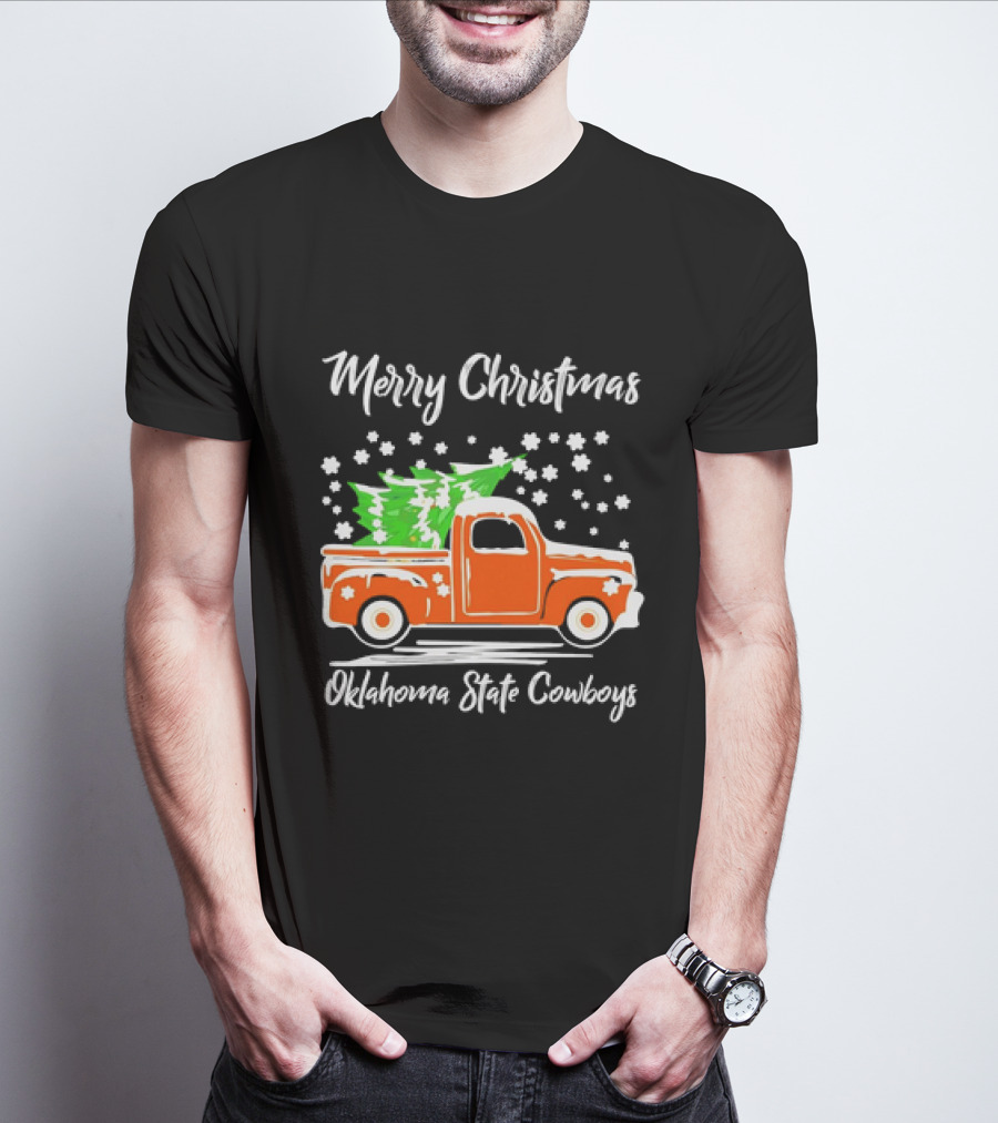 Merry Christmas Oklahoma State Cowboys Orange Truck Snowflakes Green Trees T-Shirt