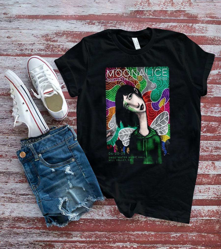 MOONALICE 420 Gathering Of The Tribe 04-20-2025 Sweetwater Music Hall Mill Valley CA Colorful Psychedelic Art With Winged Character T-Shirt