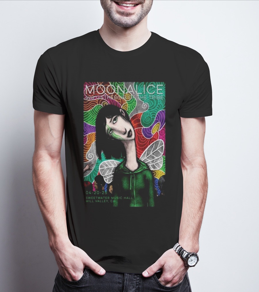 MOONALICE 420 Gathering Of The Tribe 04-20-2025 Sweetwater Music Hall Mill Valley CA Colorful Psychedelic Art With Winged Character T-Shirt