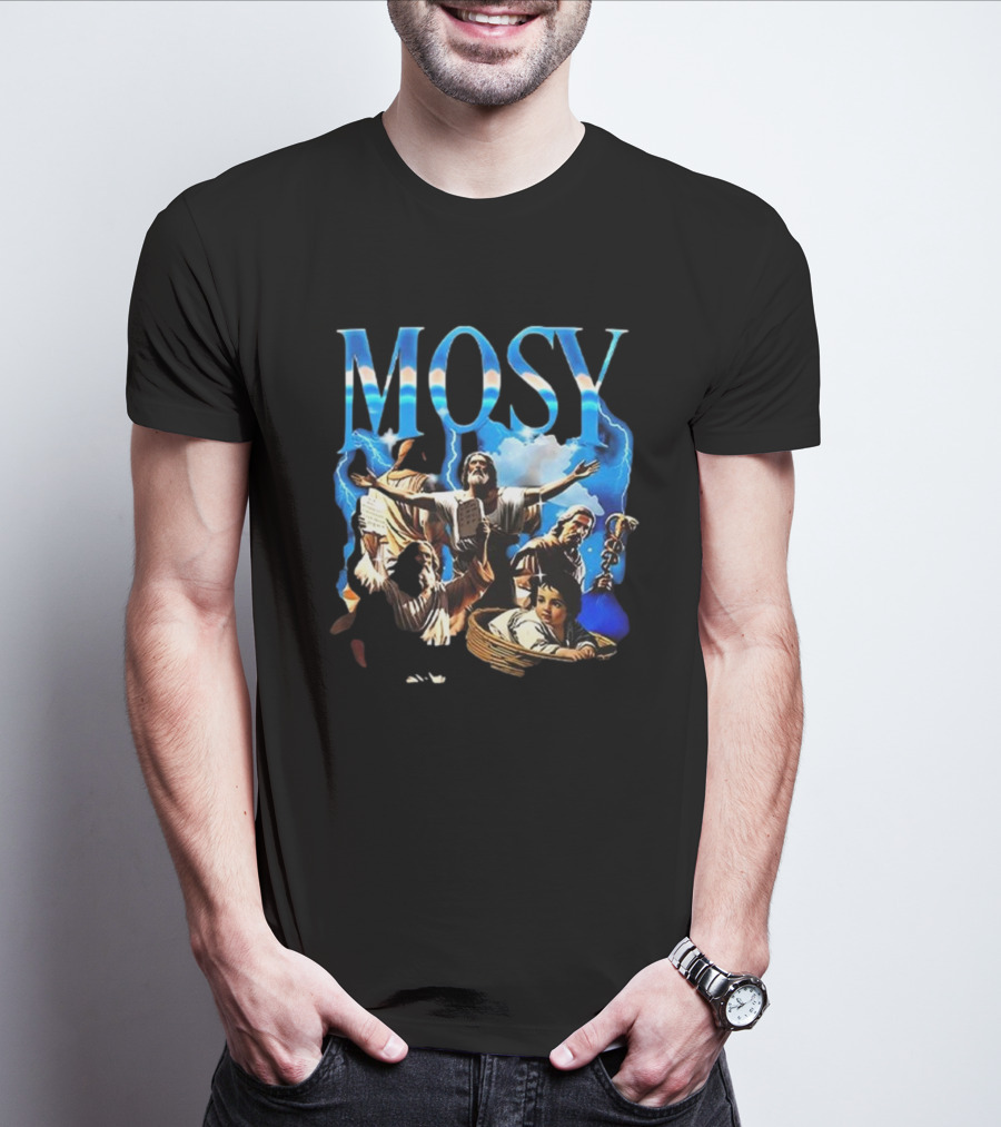Mosy Moses Biblical Imagery With Lightning Clouds And Figures T-Shirt