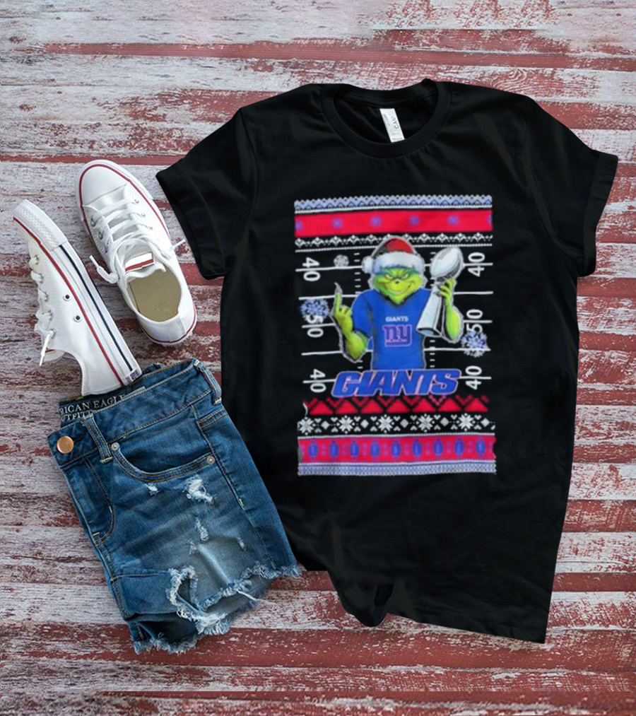 New York Giants Grinch Christmas With Lombardi Trophy Ugly Sweater T-Shirt