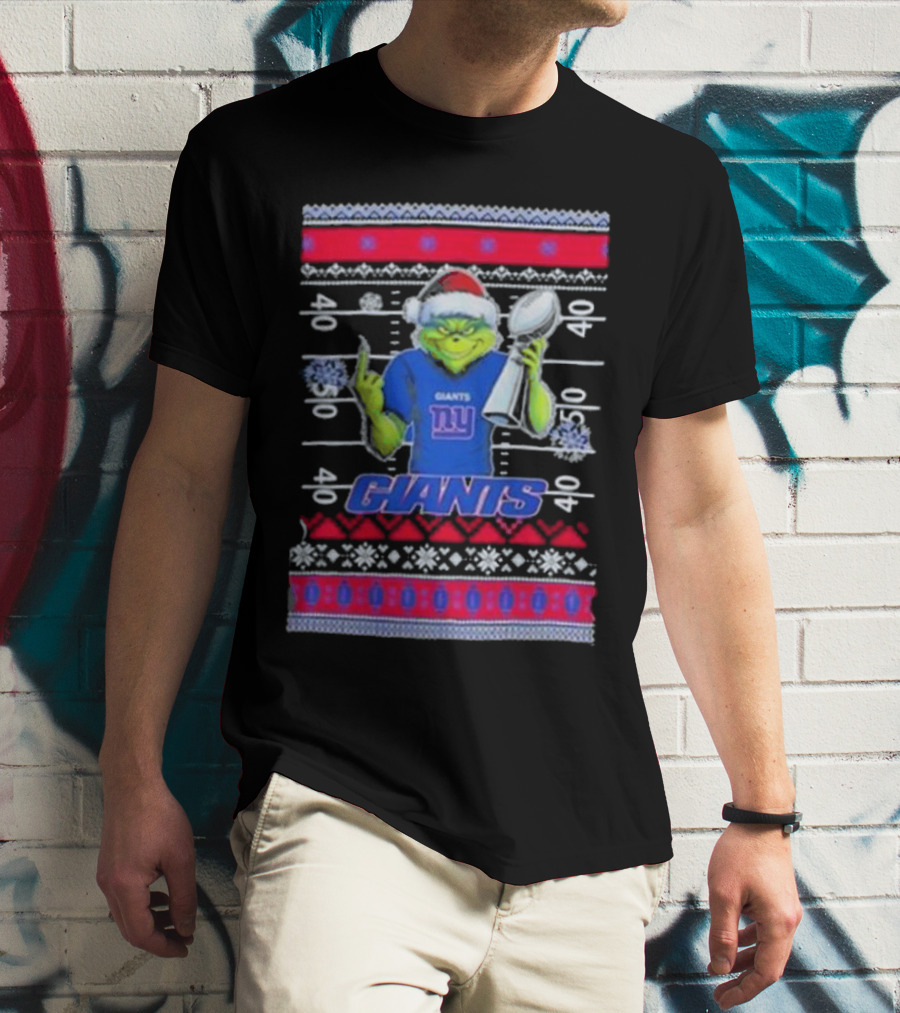 New York Giants Grinch Christmas With Lombardi Trophy Ugly Sweater T-Shirt