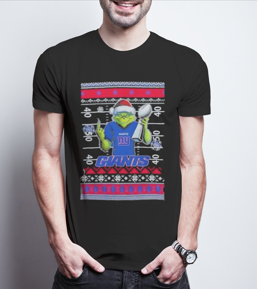 New York Giants Grinch Christmas With Lombardi Trophy Ugly Sweater T-Shirt