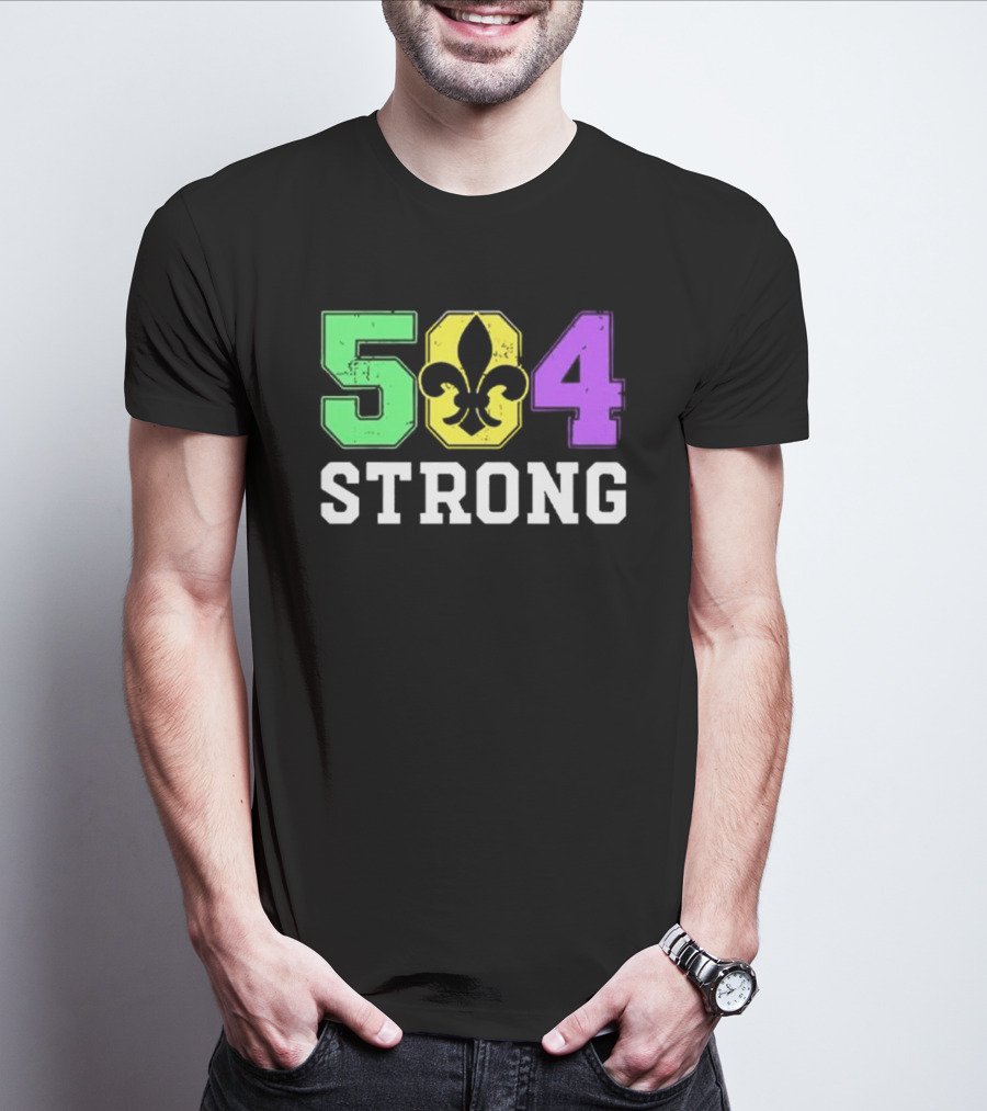 New Orleans 504 Strong Fleur-de-Lis Green Yellow Purple T-Shirt