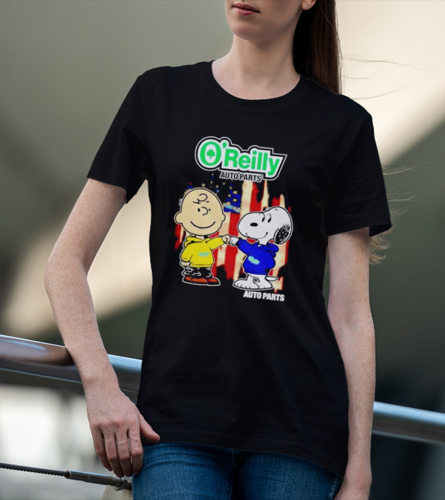 O’Reilly Auto Parts Charlie Brown Snoopy American Flag T-Shirt