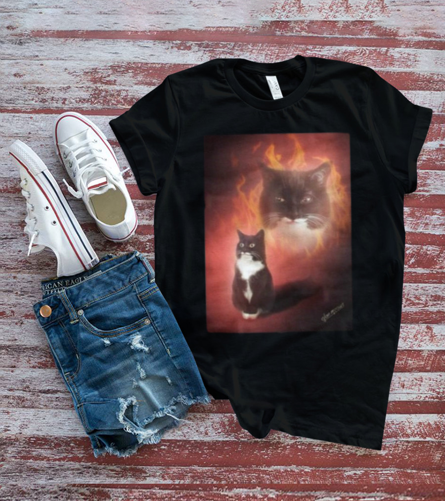 Olan Meows Black And White Cat Flames Retro Theme T-Shirt
