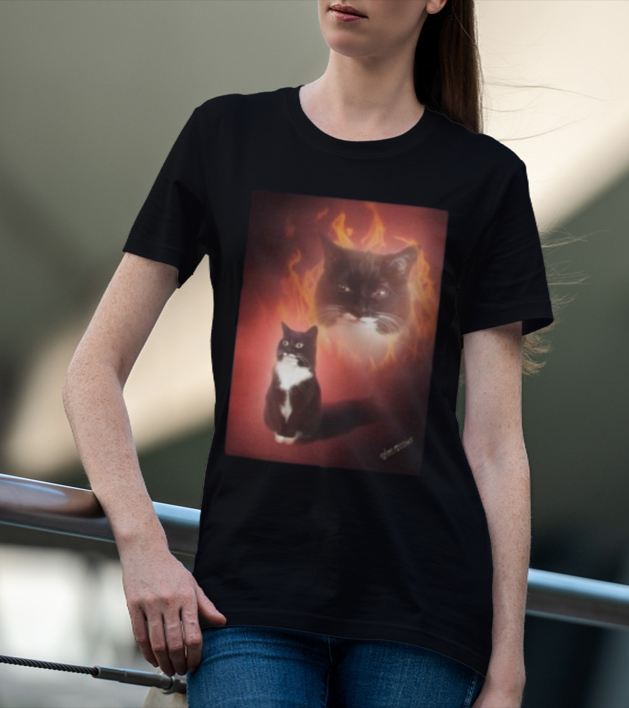 Olan Meows Black And White Cat Flames Retro Theme T-Shirt