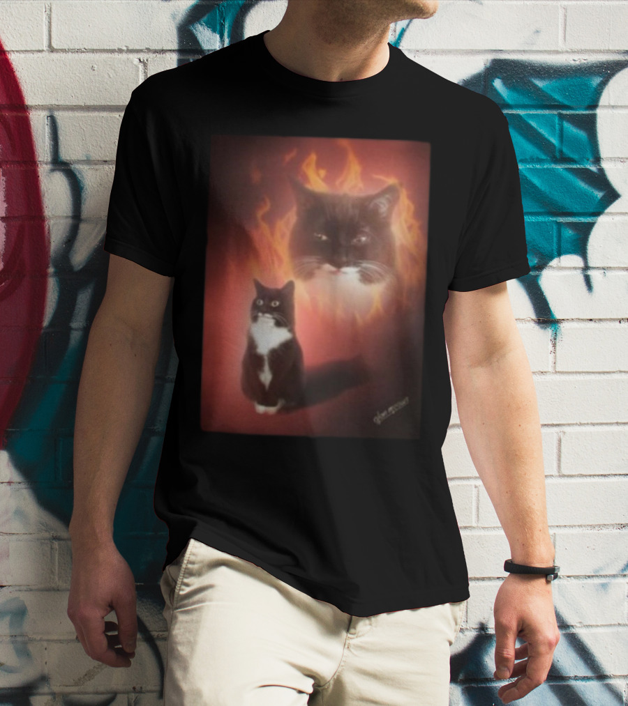 Olan Meows Black And White Cat Flames Retro Theme T-Shirt