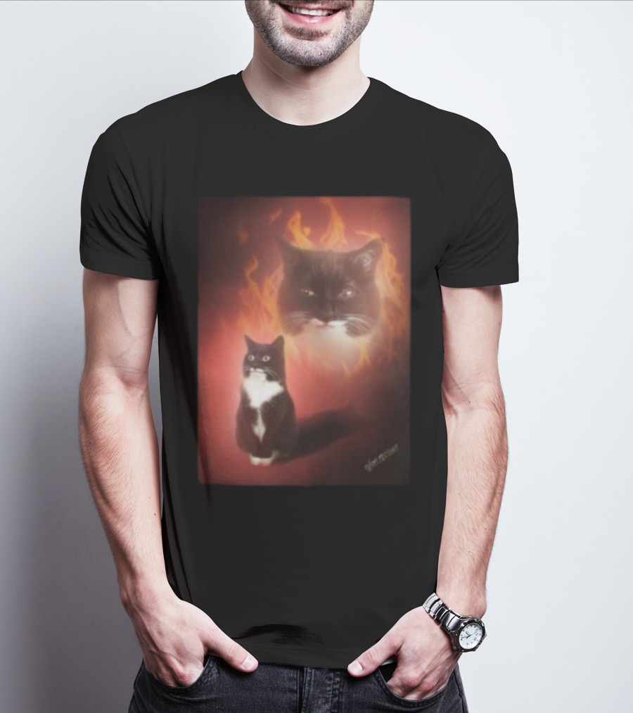 Olan Meows Black And White Cat Flames Retro Theme T-Shirt