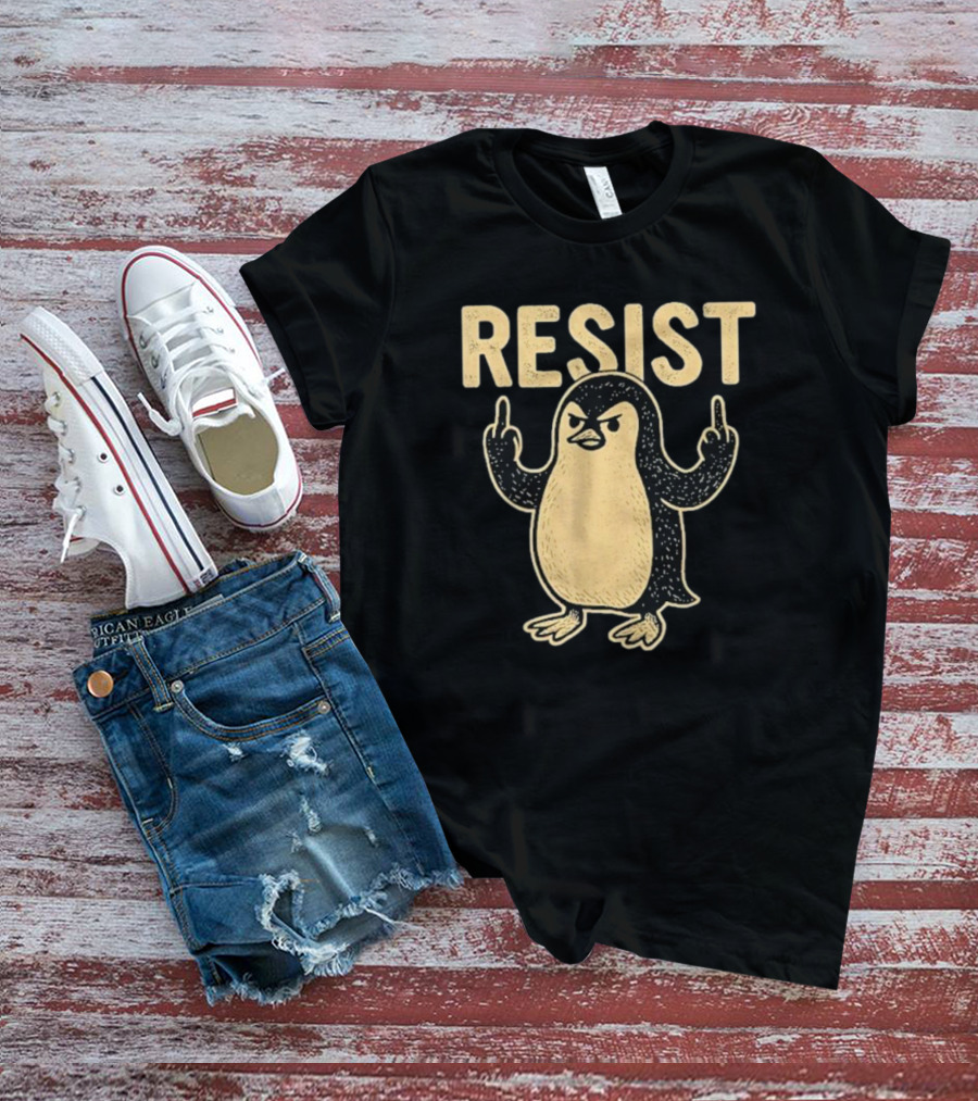 Resist Penguin Middle Finger Protest Symbol T-Shirt